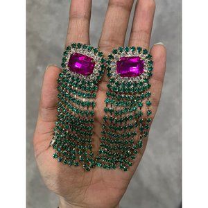 Fuchsia earrings large pink & green fringe long emerald crystal dark green
